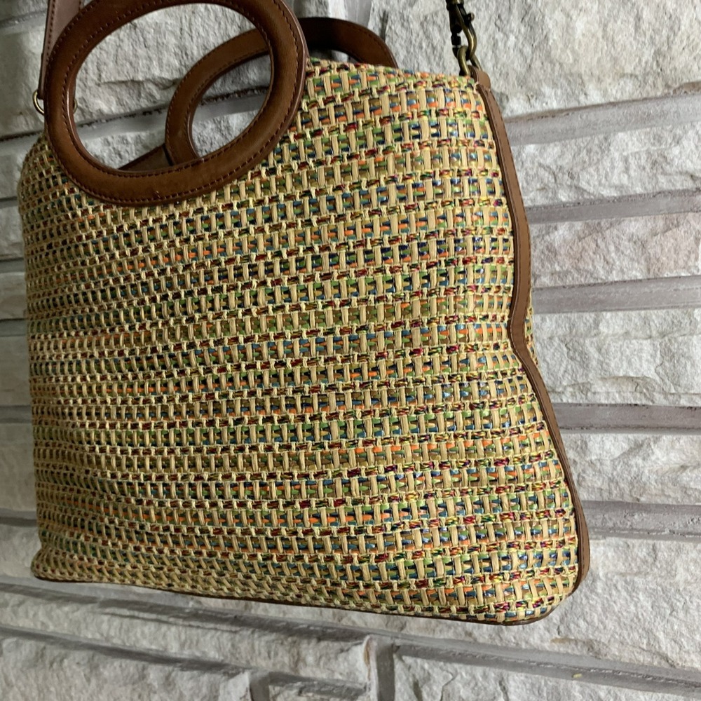 Fossil Woven Straw Leather Crossbody Handbag Multi Color 75082 Boho Tote - Picture 4 of 16
